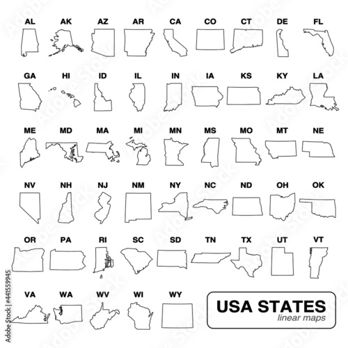 USA states linear maps vector illustration. High quality simple and flat outline map collection set of the United States of America 50 states isolated on white