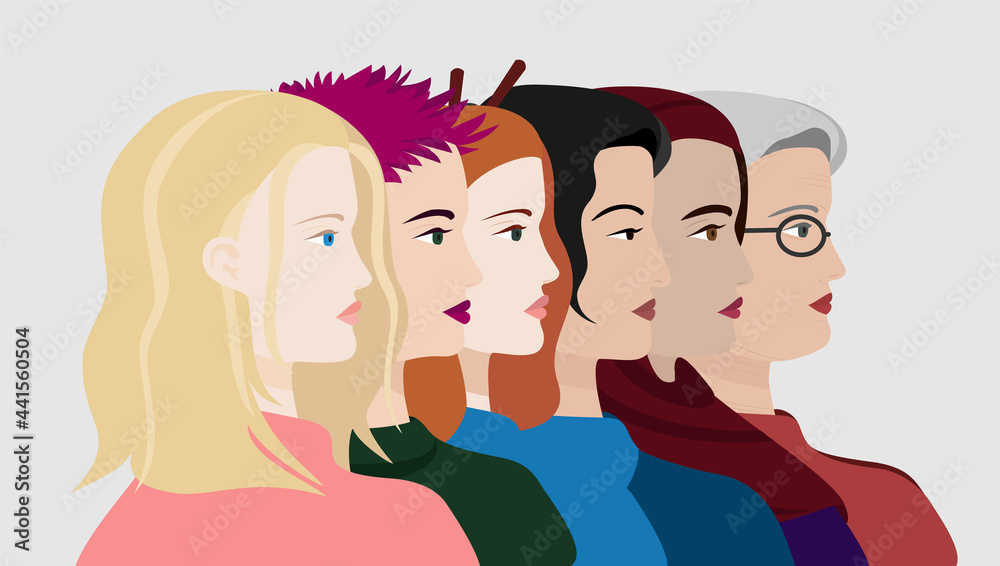 Multi-ethnic and multiage beauty. Different ethnicity women: Asian, Chinese, European, Arab. The struggle for rights, independence, equality age and appearance. International Women's Day. Vector horiz Multi-ethnic and multiage beauty. Different ethnicity women: Asian, Chinese, European, Arab. The struggle for rights, independence, equality age and appearance. International Women's Day. Vector horiz