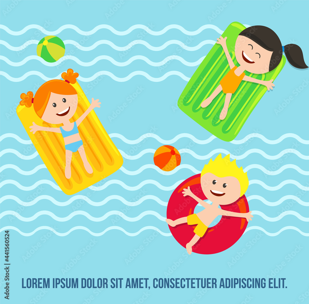 Happy kids having fun in the water and enjoy summer vacation in the pool or sea. Happy carefree childhood concept. Vector illustration Happy kids having fun in the water and enjoy summer vacation in the pool or sea. Happy carefree childhood concept. Vector illustration