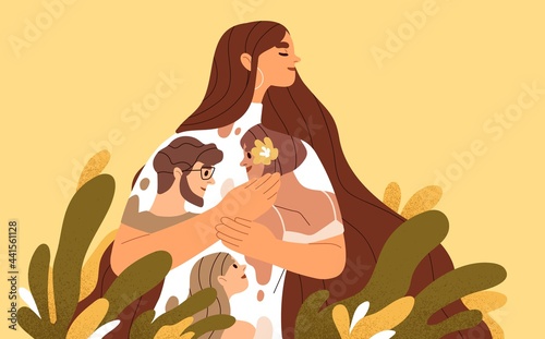 Happy woman feeling love, affection and emotional attachment to her family. Positive inner emotions to dear and close people. Concept of good healthy relations. Colored flat vector illustration photo
