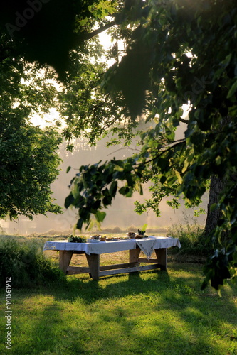 Outdoors summer scene party table on sunset. Old wooden table under trees with food plate. Midsummer celebrating in Latvia, Ligo festive