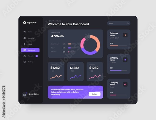 Dashboard design in dark colors. App interface with UI and UX elements. Use design for web application, desktop or mobile app.