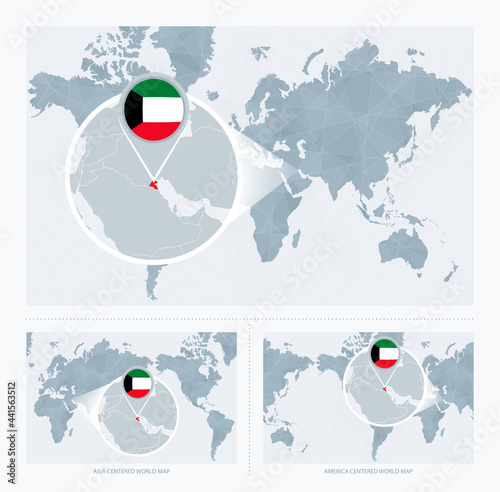 Magnified Kuwait over Map of the World, 3 versions of the World Map with flag and map of Kuwait.