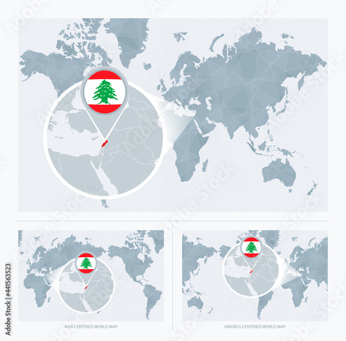 Magnified Lebanon over Map of the World, 3 versions of the World Map with flag and map of Lebanon.
