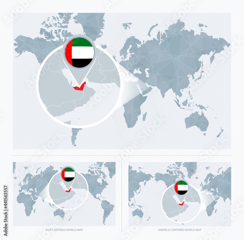 Magnified United Arab Emirates over Map of the World, 3 versions of the World Map with flag and map of United Arab Emirates.