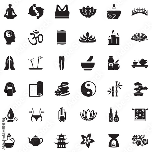 Yoga And Zen Icons. Black Flat Design. Vector Illustration.