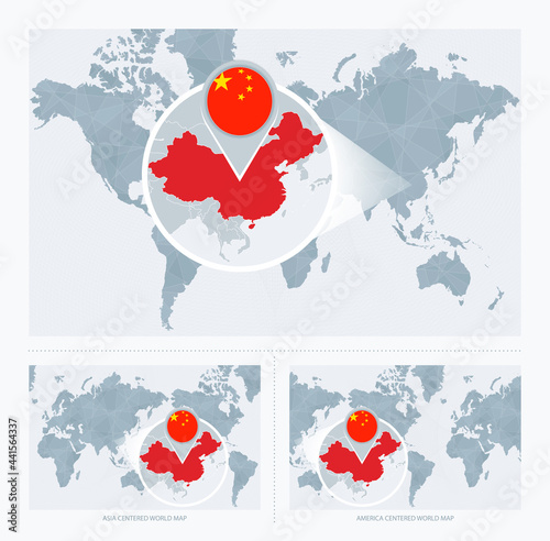 Magnified China over Map of the World, 3 versions of the World Map with flag and map of China.