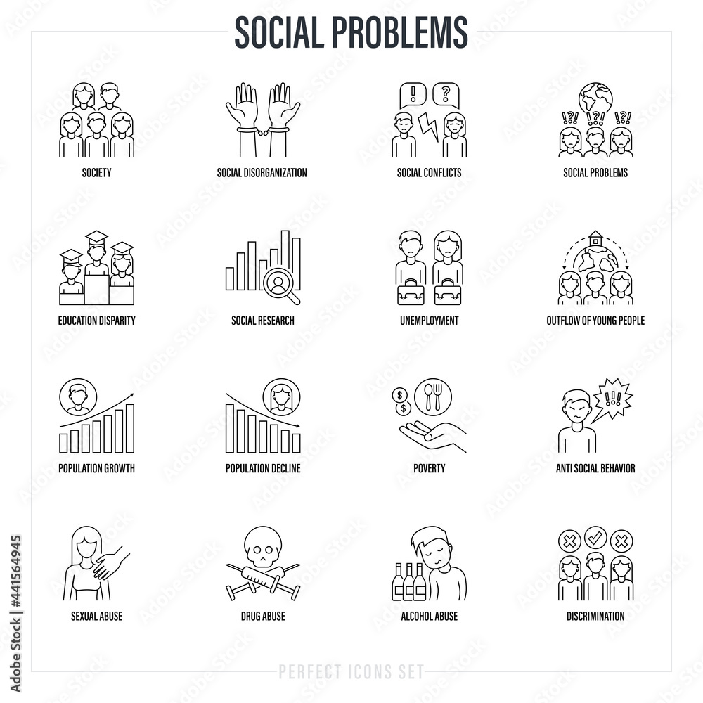 Social problems thin line icons set. Unpredictable future, social