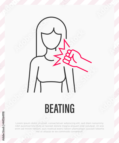 Victim of family violence. Man hand beating woman in face by fist. Abuser. Aggressive behavior. Vector illustration.