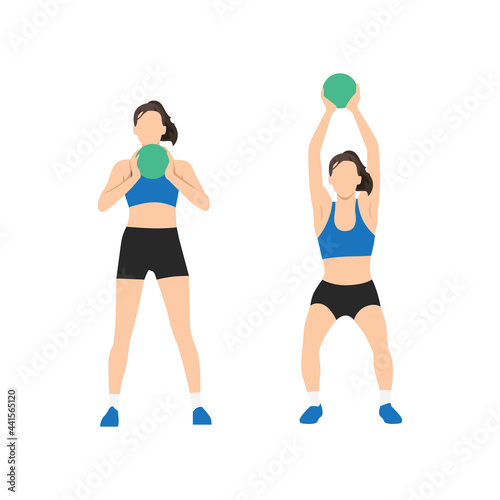 Woman doing Overhead ball squats exercise. Flat vector illustration isolated on white background