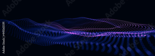 Wave form of dots and lines. Abstract mesh. 3D rendering.