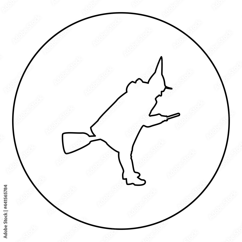 Fairy Wizard Witch flying on broom Subject for Halloween concept silhouette in circle round black color vector illustration contour outline style image Fairy Wizard Witch flying on broom Subject for Halloween concept silhouette in circle round black color vector illustration contour outline style image