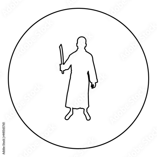 Man with sword machete Cold weapons in hand military man Soldier Serviceman in positions Hunter with knife Fight poses Strong defender Warrior concept Weaponry Stand silhouette in circle round black 