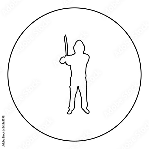 Man with sword machete Cold weapons in hand military man Soldier Serviceman in positions Hunter with knife Fight poses Strong defender Warrior concept Weaponry Stand silhouette in circle round black 