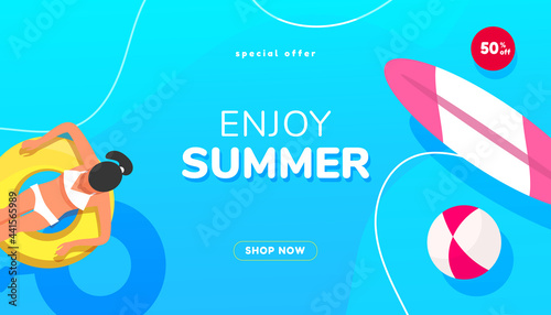 Blue abstract ocean seascape template banner with fluid liquid elements, beach accessoriesfor banner, greeting card, poster and advertising. Water waves. Vector illustration
