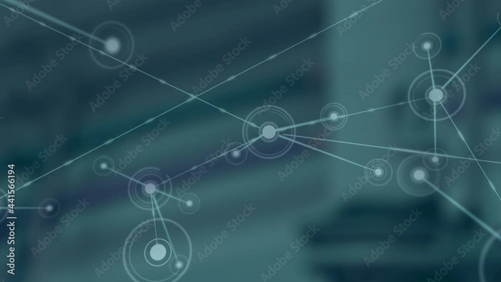 Animation of network of connections with glowing spots over blue background Animation of network of connections with glowing spots over blue background