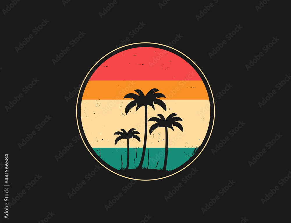 Abstract tropical palm tree illustration. Vintage and retro circle logo with palm trees.