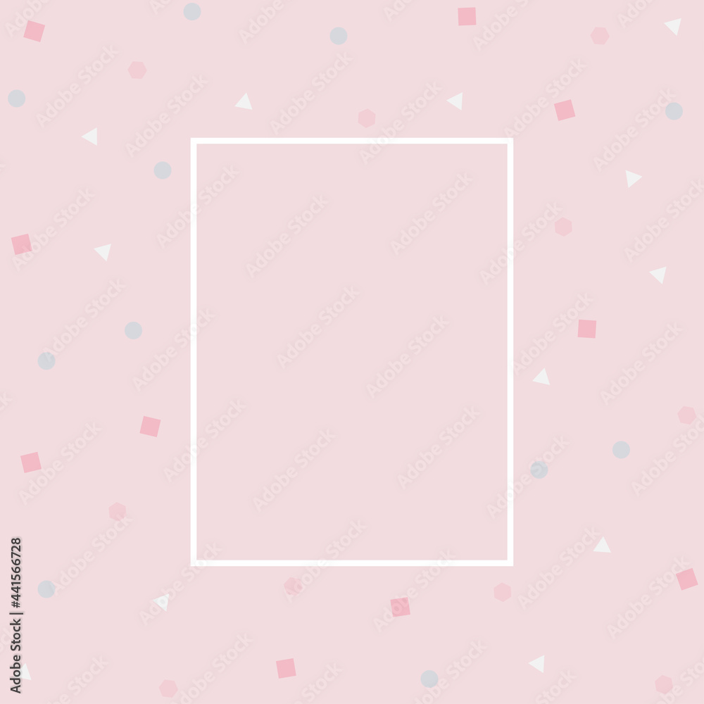 Colorful geometric shapes on light pink background. Triangle, circle, square and hexagon. Rectangular area for text or image. Abstract geometric background. Vector illustration.