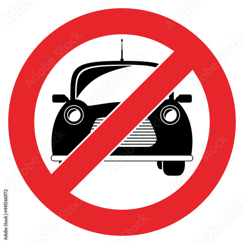 No trespassing sign with retro car vector illustration. Prohibition road sign with black vehicle. Traffic, trespassing forbidden symbol graphic.