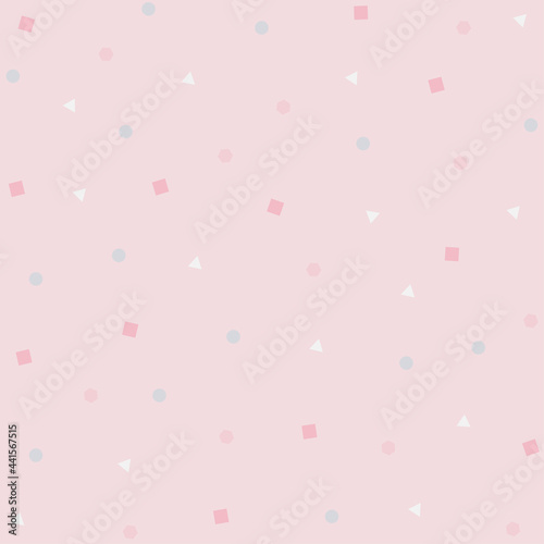 Colorful geometric shapes on light pink background. Triangle, circle, square and hexagon. Abstract geometric background. Vector illustration.