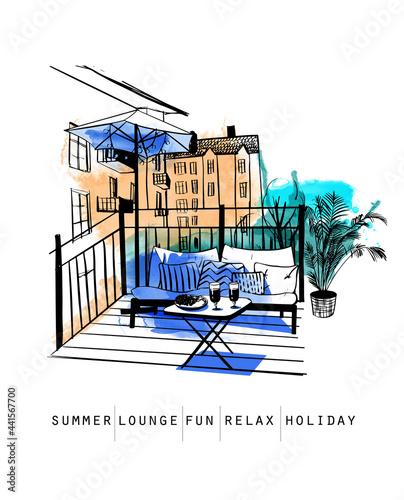 Outdoor patio scenario sketch. watercolor vector illustration