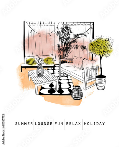 Outdoor patio scenario sketch. watercolor vector illustration