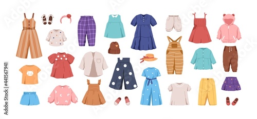 Set of kid's casual clothes. Child's garments for summer. Apparel, shoes and accessories for boys and girls. Colored flat vector illustration of dress, pants, jumpsuit isolated on white background photo