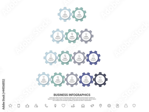 Infographic set gears with 2, 3, 4, 5 steps. Modern vector timeline with cogwheels for business concept, chart, diagram, web, banner, presentations, flowchart, levels
