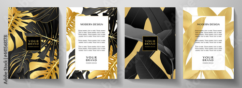 Luxury tropical cover, frame design set with gold palm branch (Banana leaf, golden Monstera plant) on black. Exotic background vector pattern for cafe menu template, summer holiday poster, wedding