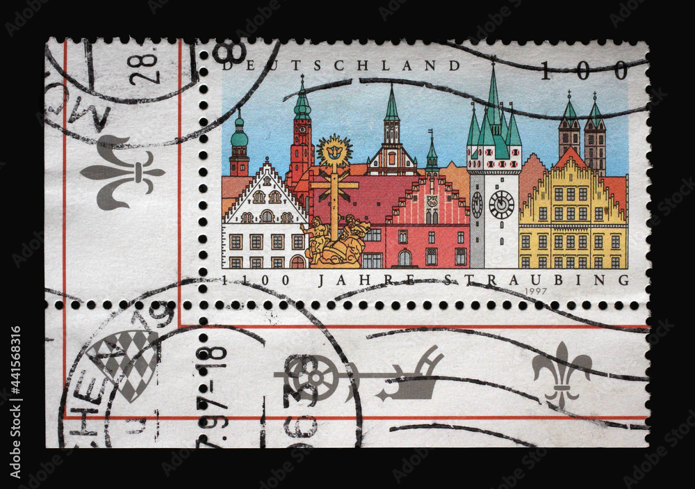 A stamp printed in Germany shows Straubing Cityscape, 1,100th anniversary of Straubing, a city in Lower Bavaria, southern Germany, circa 1997