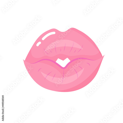 Human kiss lips in sweet pink colors. Pop art style isolated icon.