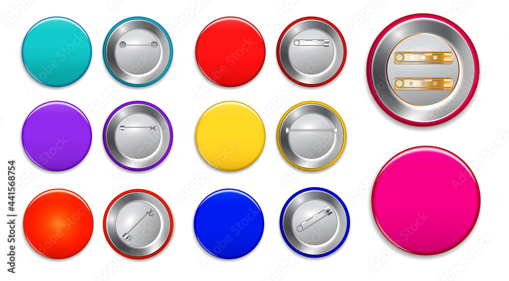 set of realistic pin button isolated or pin brooch button template promotion merchandise or various color of pin badge button mock up blank two sides concept. eps vector set of realistic pin button isolated or pin brooch button template promotion merchandise or various color of pin badge button mock up blank two sides concept. eps vector