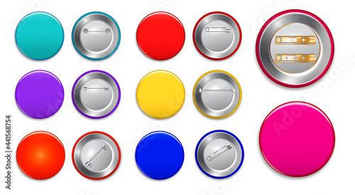 set of realistic pin button isolated or pin brooch button template promotion merchandise or various color of pin badge button mock up blank two sides concept. eps vector