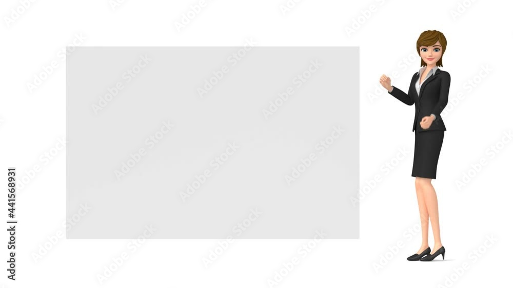 3D animation - Animation of a businesswoman explaining on a board. 3D animation - Animation of a businesswoman explaining on a board.