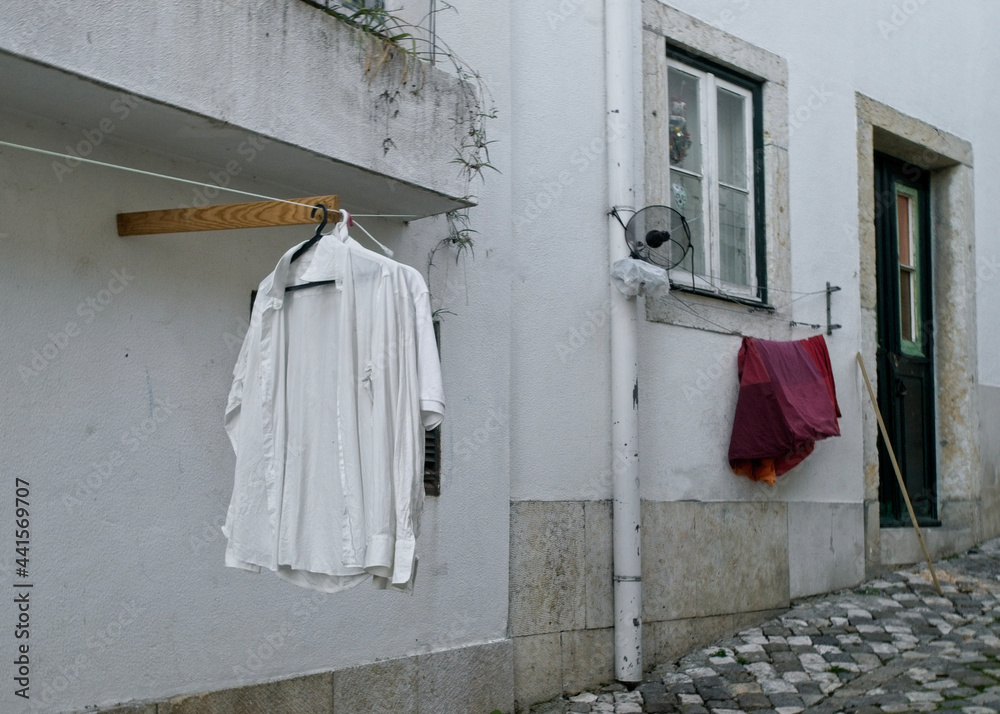 clothes drying outdoor typical street view in Portugal clothes drying outdoor typical street view in Portugal