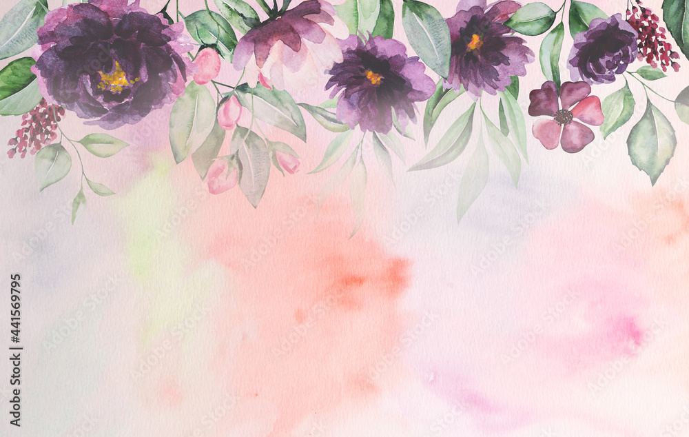 Watercolor purple flowers and green leaves card illustration