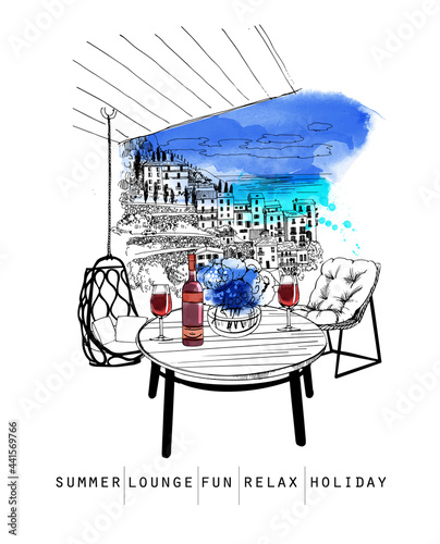 Outdoor patio scenario sketch. watercolor vector illustration