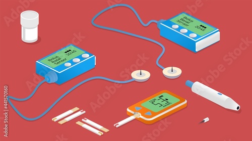 Isometric diabetes equipment set with insulin pump, glucometer, test strips, lancet.