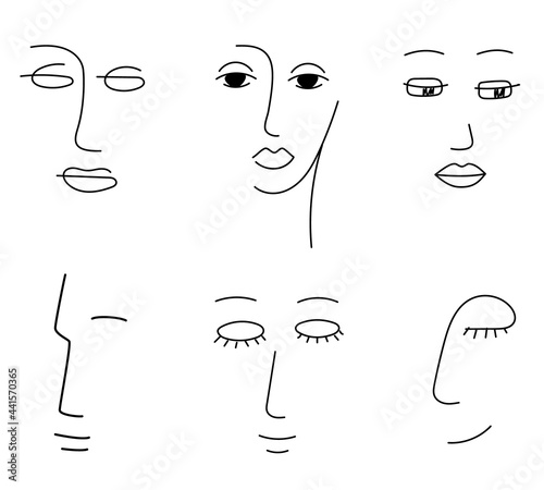Hand drawn Set of various abstract woman faces. Simple, stylized portrait. Modern abstract line minimalistic female faces. Ink painting style. Black contours isolated on a white background. Vector.