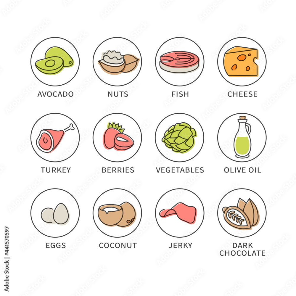 Vector set of logos, badges and icons for keto diet products. Collection symbol of healthy eating.