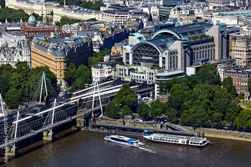 UK, London, Aerial view of Charing Cross railway station and river Thames