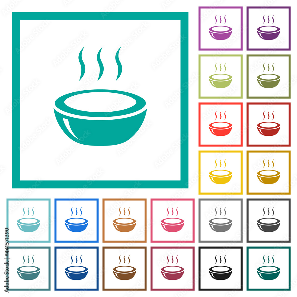 Glossy steaming bowl flat color icons with quadrant frames