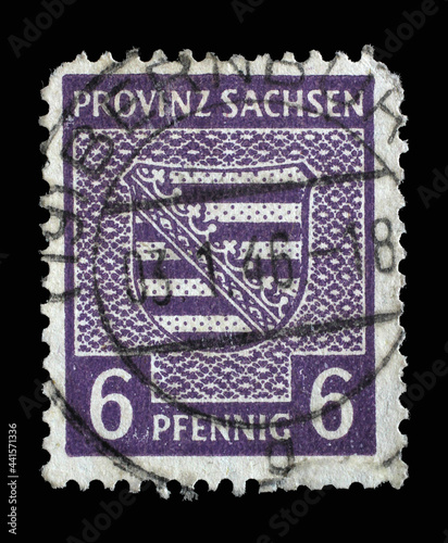 Stamp printed in Germany, Soviet Occupation of Saxony, that shows Coat of Arms of Saxony, circa 1945