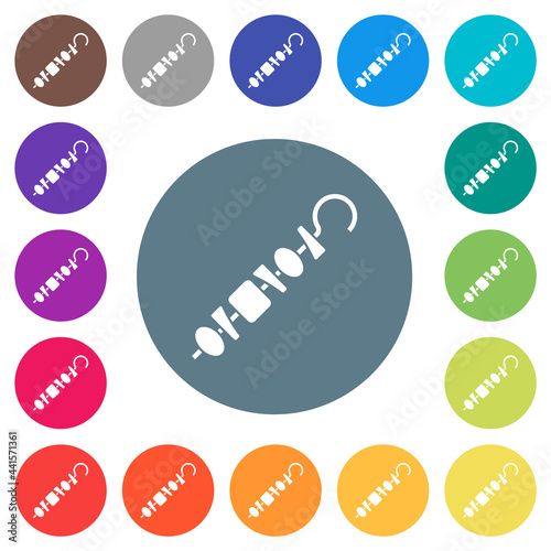 Shish kebab on skewer stick flat white icons on round color backgrounds