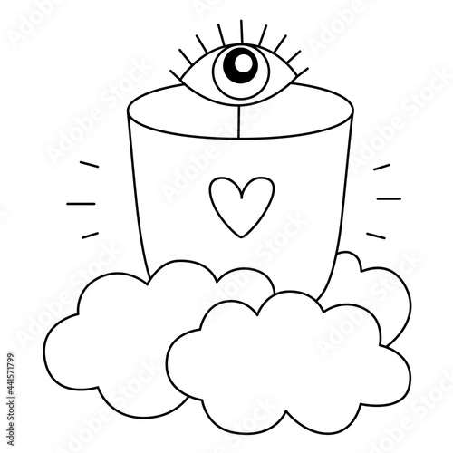 Cup with heart and eye on a cloud. Doodle style contour drawing of mug. Morning or evening cup of tea or coffee. A mood of calm, awakening and shining concept. Black lines isolated on a white. Vector.
