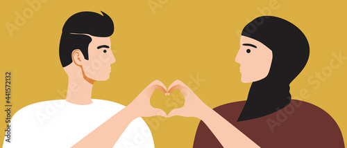 Islamic couple, hands with heart, flat vector stock illustration with man and woman in hijab love