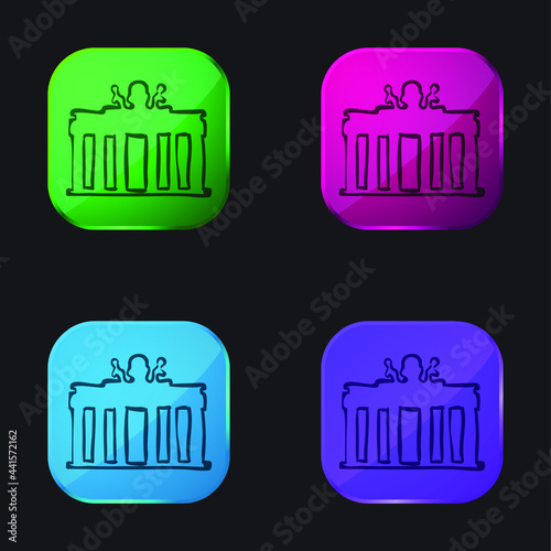 Bank Building Hand Drawn Outline four color glass button icon