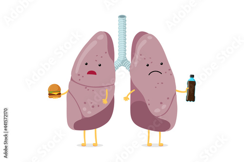 Unhealthy sick lungs cartoon character eat fast food and drink soda. Human respiratory system internal organ overeating and have dyspnea poor health. Obesity bad dangerous habit addiction vector eps
