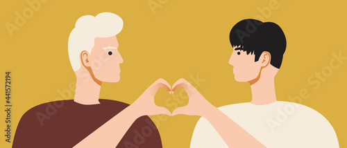 LGBTQ couple, hands with heart, flat vector stock illustration with gay man and boyfriend love as homosexual couple