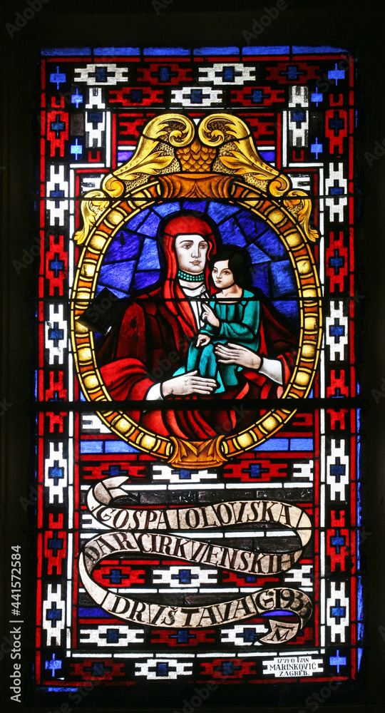 Our Lady of Olovo stained glass at the Church of the Visitation of the Virgin Mary in Cirkvena, Croatia